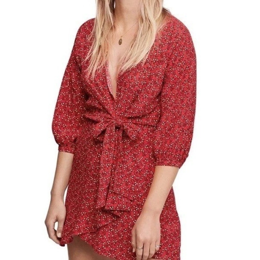 Free People Clara Floral Mini Tunic Dress Small Tie Waist Boho Red Daisy Cottage